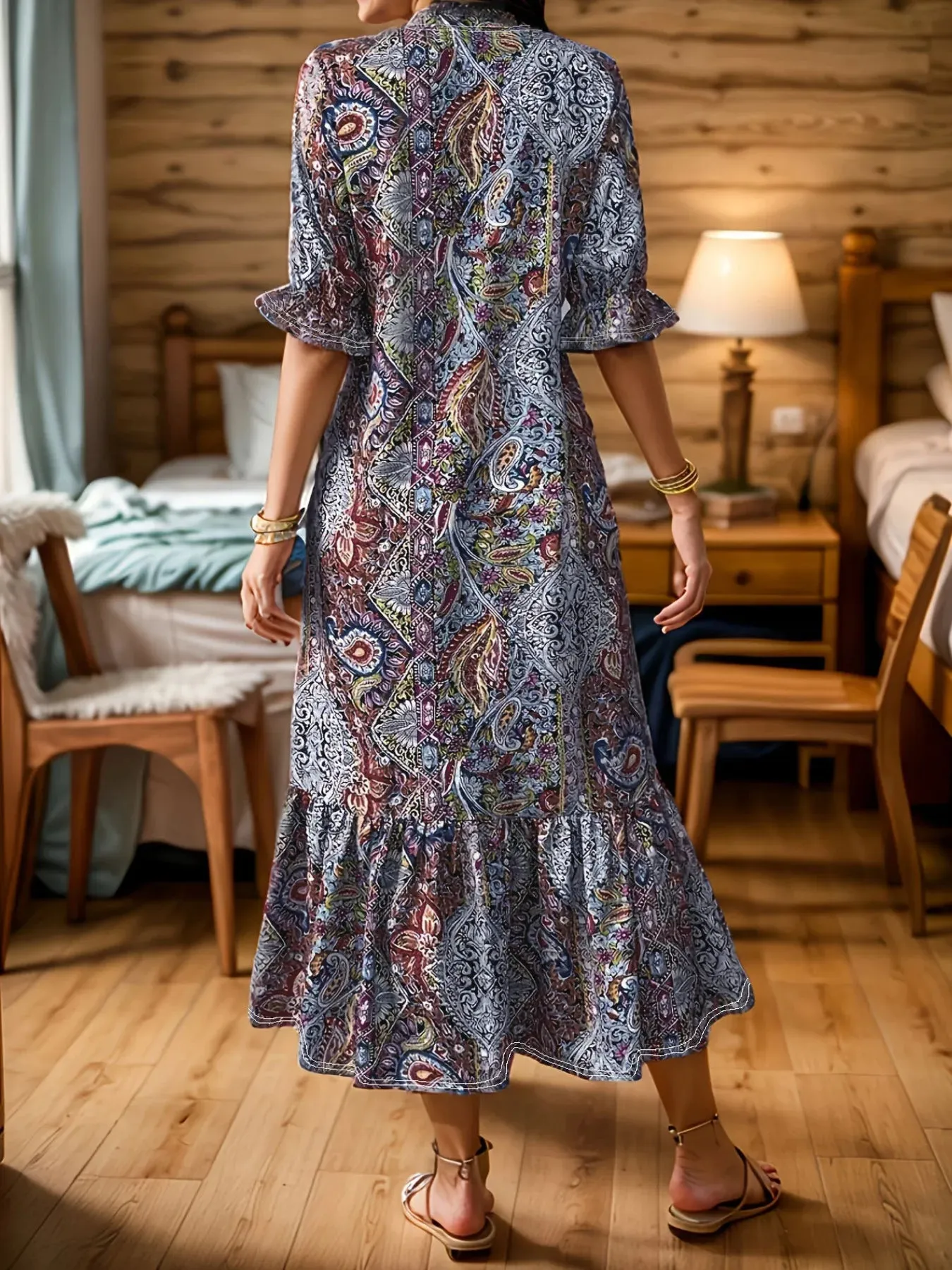 Full Size Bohemian Paisley Print Ruffle Hem Midi Dress Plus Size sold by Charming Charlie product image thumbnail 5
