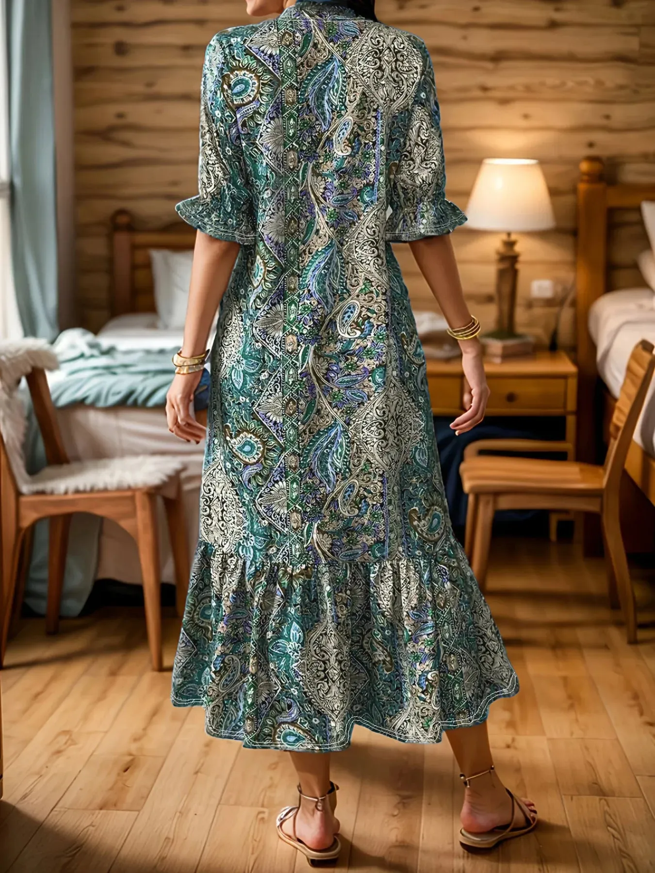 Full Size Bohemian Paisley Print Ruffle Hem Midi Dress Plus Size sold by Charming Charlie product image thumbnail 2