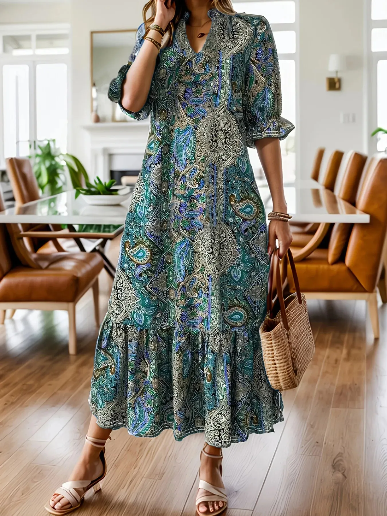 Full Size Bohemian Paisley Print Ruffle Hem Midi Dress Plus Size sold by Charming Charlie