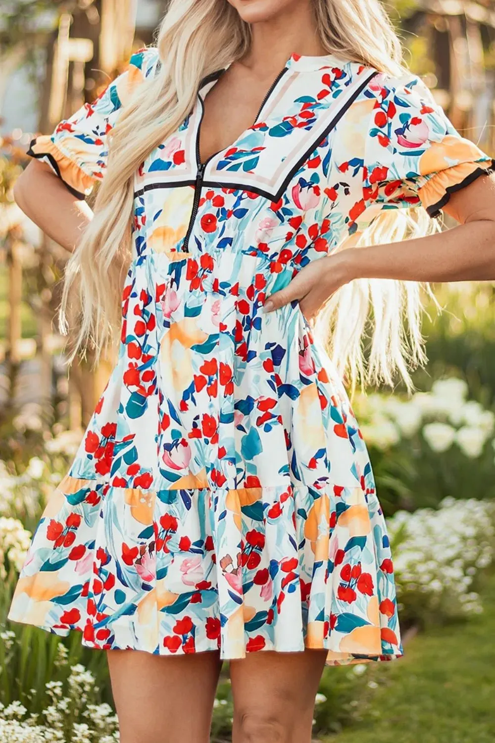Floral Print Zipper Ruffled Short Sleeve High Waist Mini Dress sold by Charming Charlie product image thumbnail 2