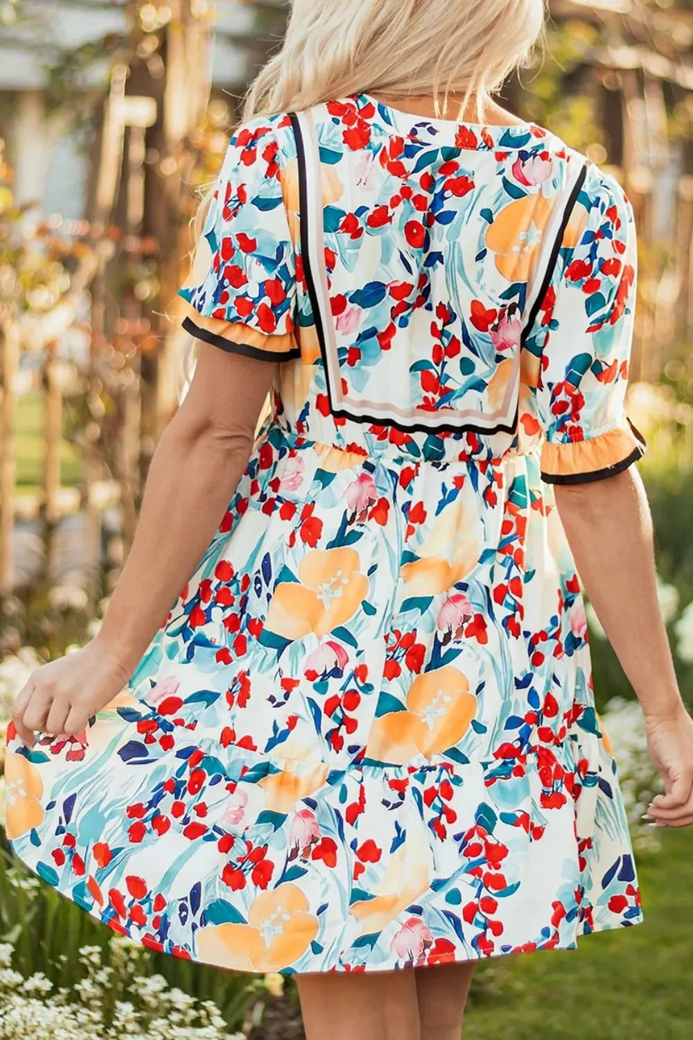 Floral Print Zipper Ruffled Short Sleeve High Waist Mini Dress sold by Charming Charlie product image thumbnail 3