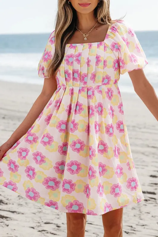 Floral Square Neck Puff Sleeve Pleated Flared Midi Dress sold by Charming Charlie