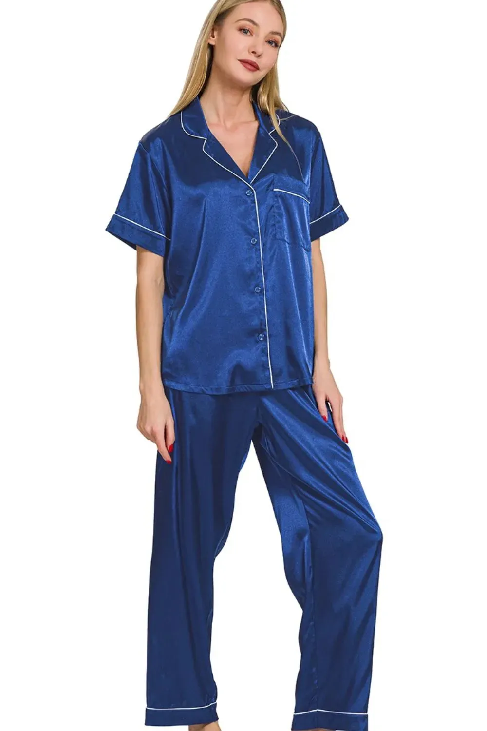 Zenana Satin Short Sleeve Top and Pants Pajama Set sold by Charming Charlie product image thumbnail 2