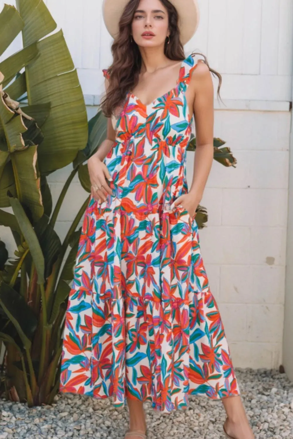 Floral Ruffled Strap V Neck Maxi Dress sold by Charming Charlie
