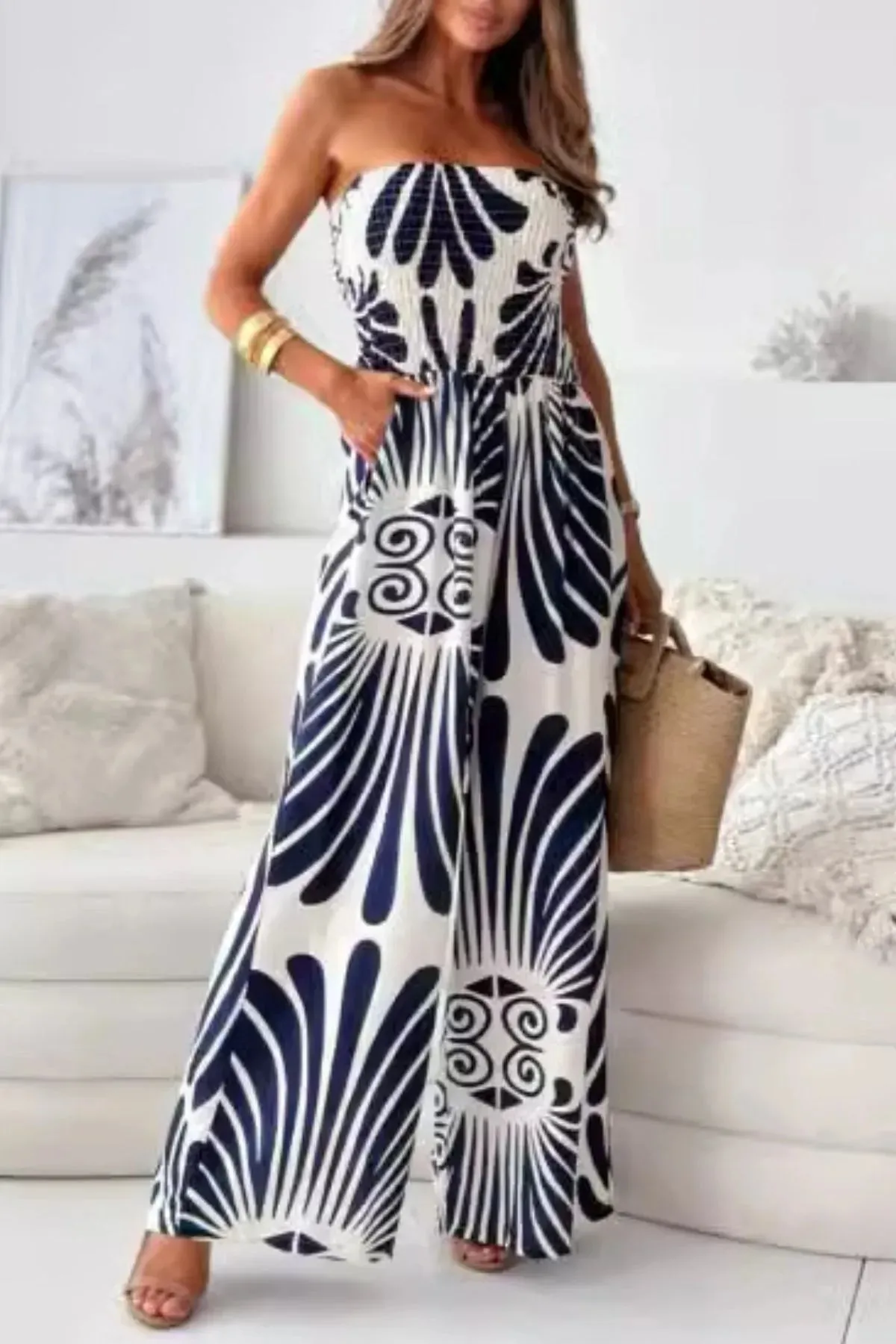 Printed Smocked Tube Wide Leg Jumpsuit sold by Charming Charlie product image thumbnail 4