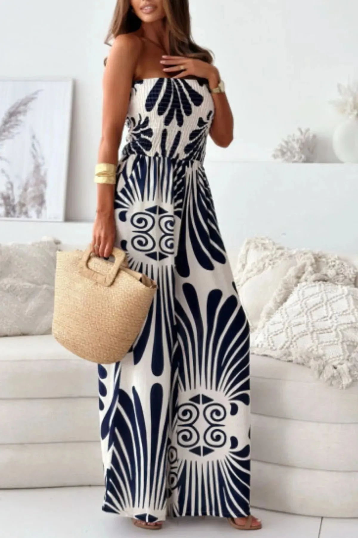 Printed Smocked Tube Wide Leg Jumpsuit sold by Charming Charlie product image thumbnail 5
