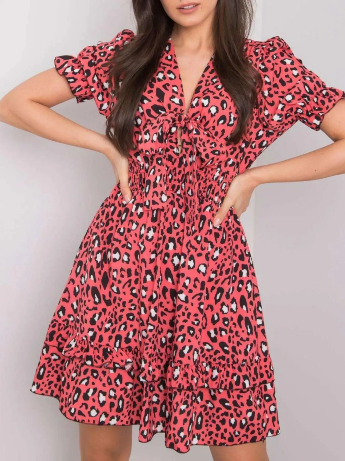 Leopard Print Tie Front Short Sleeve Mini Dress sold by Charming Charlie