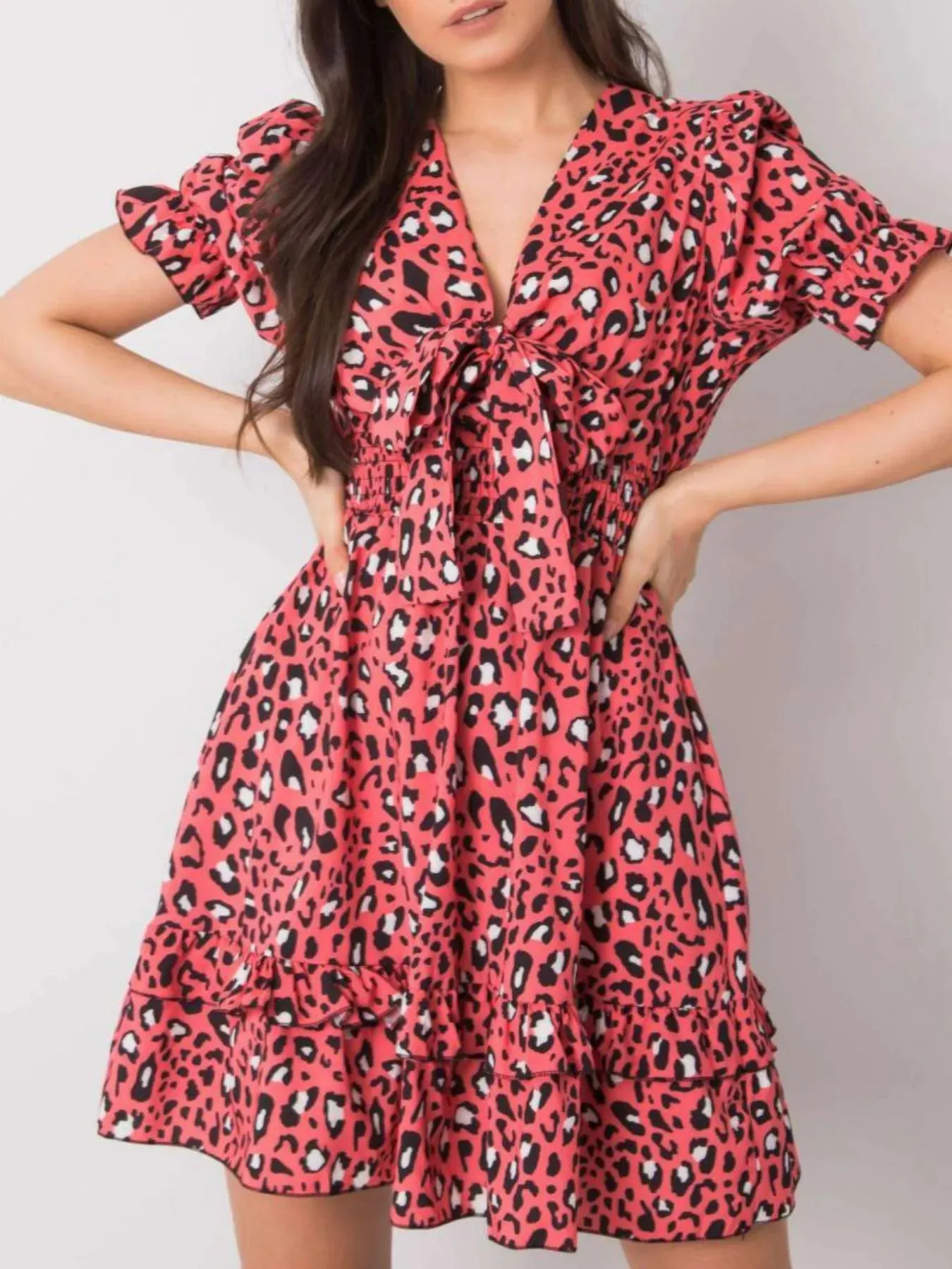 Leopard Print Tie Front Short Sleeve Mini Dress sold by Charming Charlie product image thumbnail 3