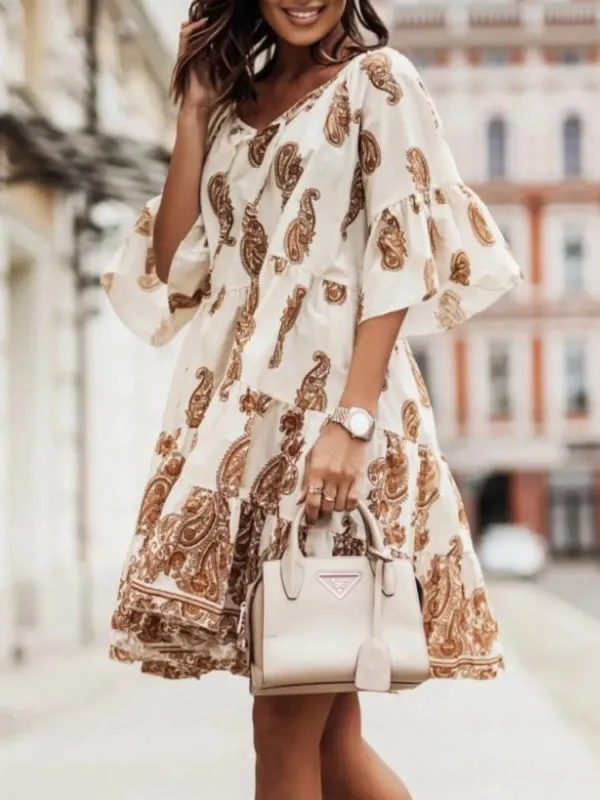 Paisley Print Tie Neck Half Sleeve Mini Dress sold by Charming Charlie