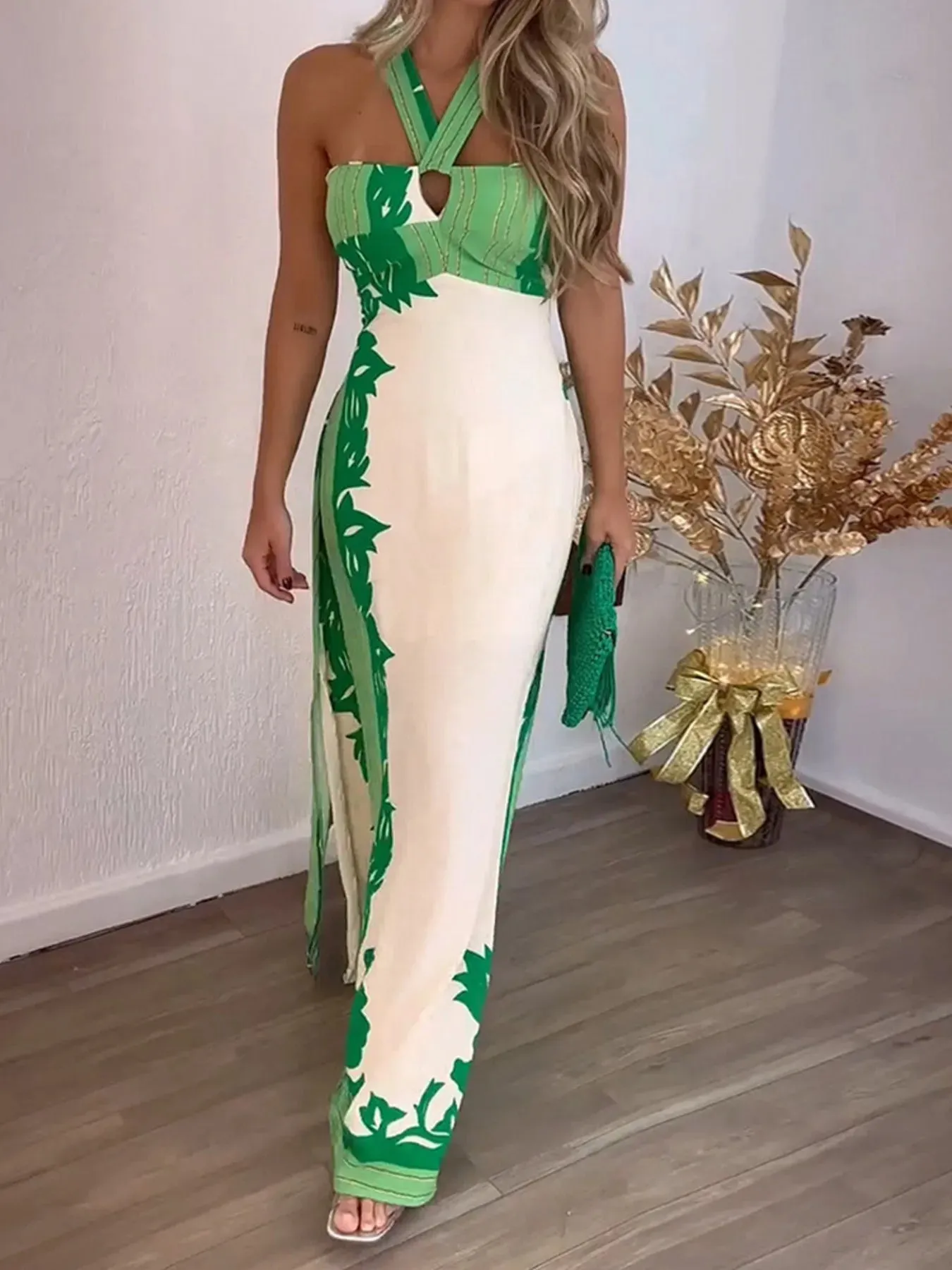 Halter Neck Leaf Print Maxi Dress sold by Charming Charlie product image thumbnail 4