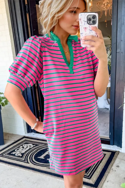 Oh Striped Johnny Collar Puff Sleeve Mini Tee Dress sold by Charming Charlie