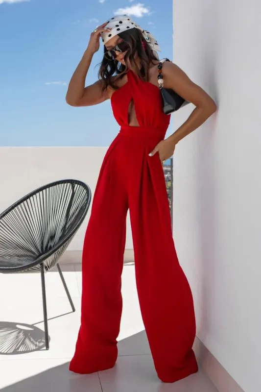 Halter Neck Wide Leg Jumpsuit with Keyhole Detail sold by Charming Charlie