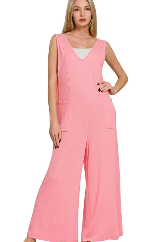 Zenana French Terry Deep V Neck Jumpsuits sold by Charming Charlie