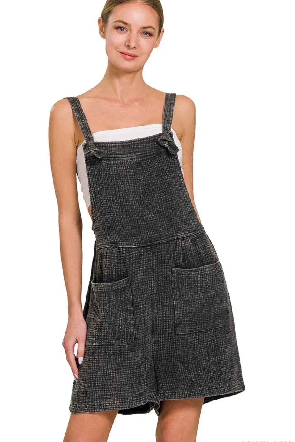 Zenana Woven Double Gauze Acid Washed Romper sold by Charming Charlie