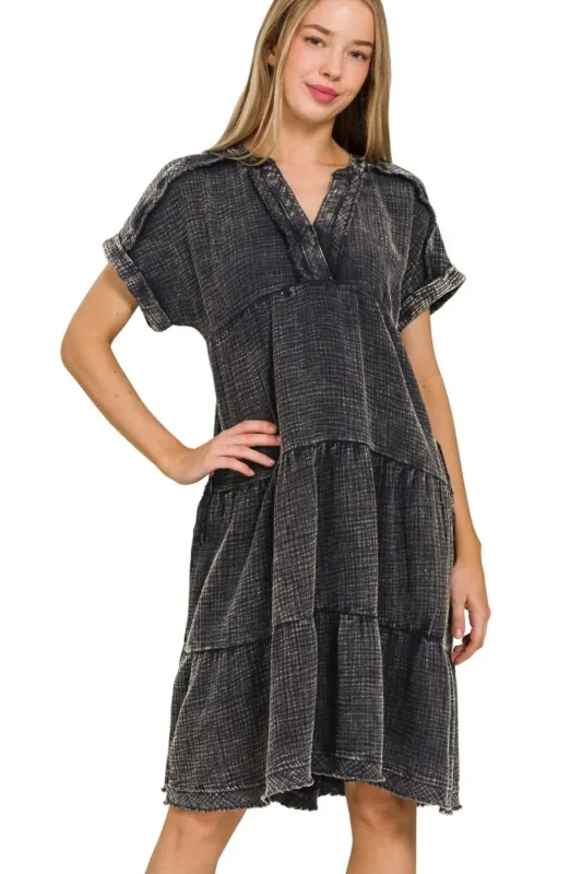 Zenana Washed Double Gauze Raw Edge V-neck Dress sold by Charming Charlie