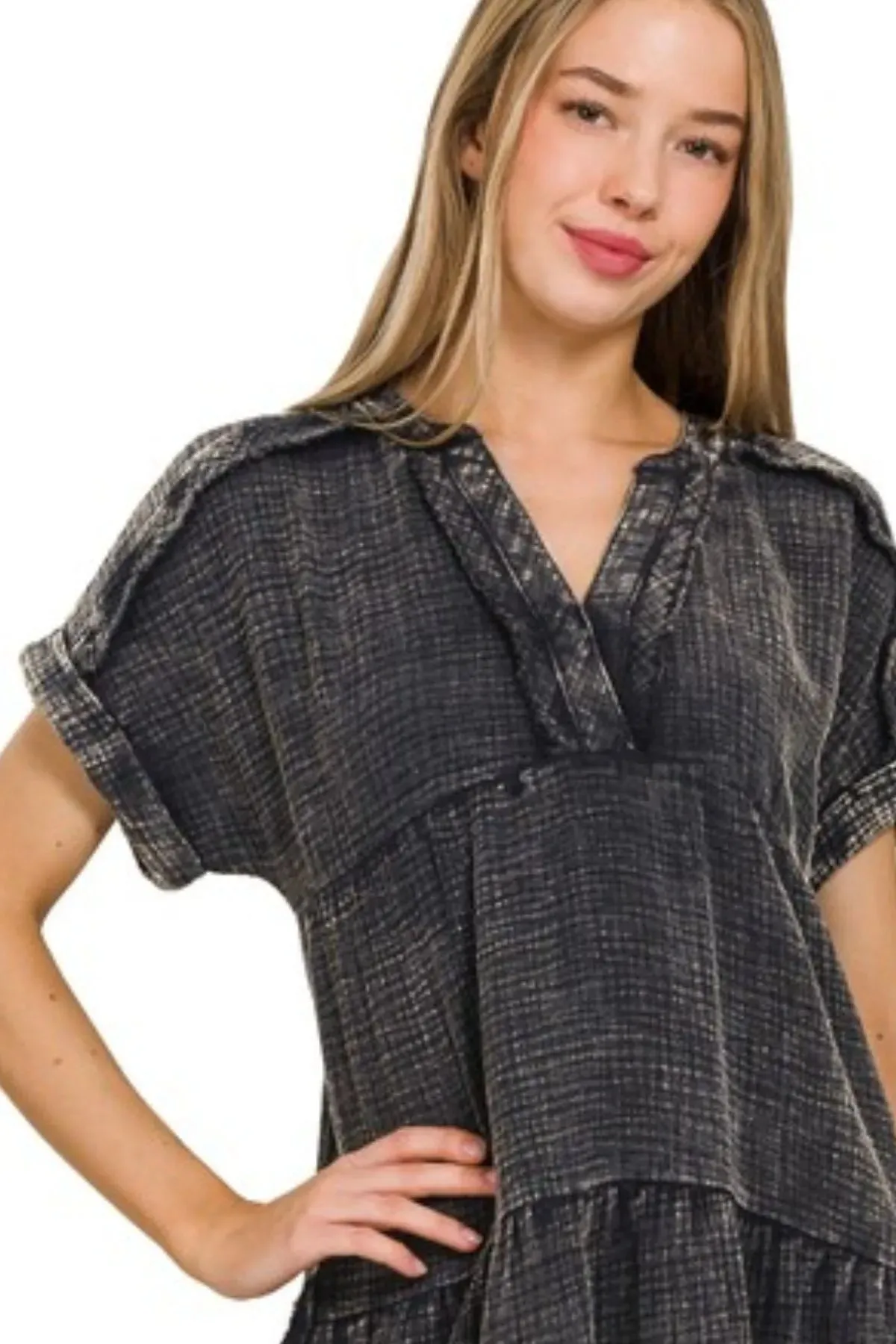 Zenana Washed Double Gauze Raw Edge V-neck Dress sold by Charming Charlie product image thumbnail 2