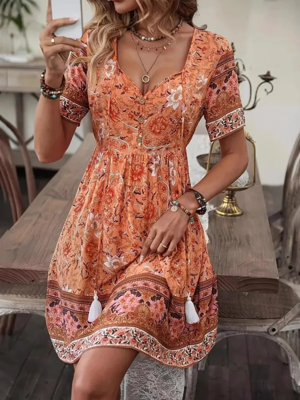 Printed Tie Neck Short Sleeve Summer Dress sold by Charming Charlie