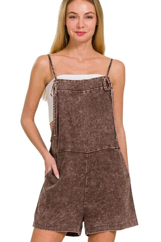 Zenana Washed Linen Knot Strap Rompers sold by Charming Charlie