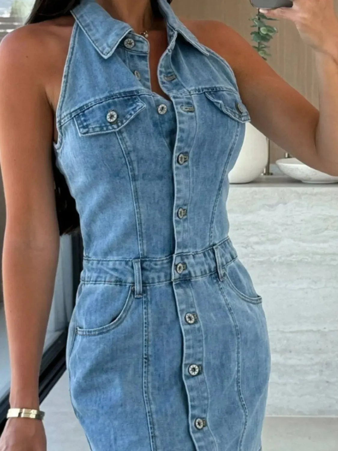 Button Front Sleeveless Denim Mini Dress sold by Charming Charlie product image thumbnail 3