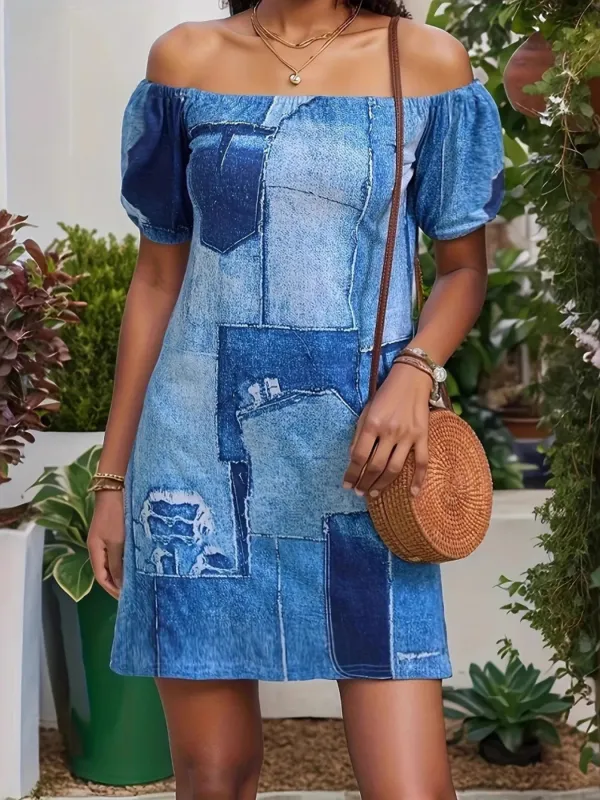 Patchwork Off Shoulder Denim Mini Dress sold by Charming Charlie