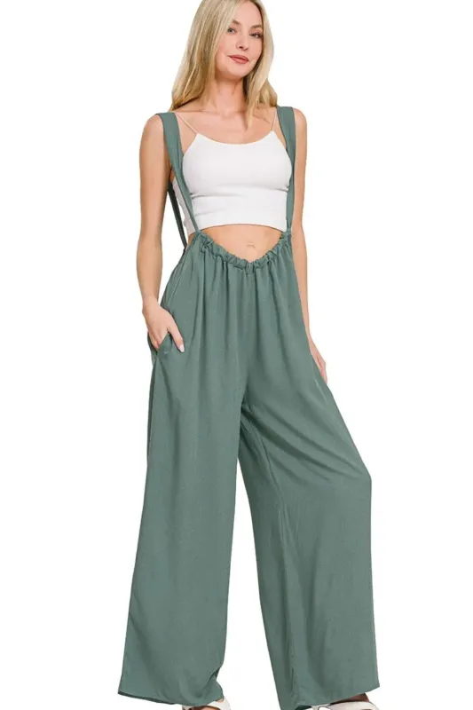 Zenana Woven Tie Back Suspender Jumpsuit sold by Charming Charlie