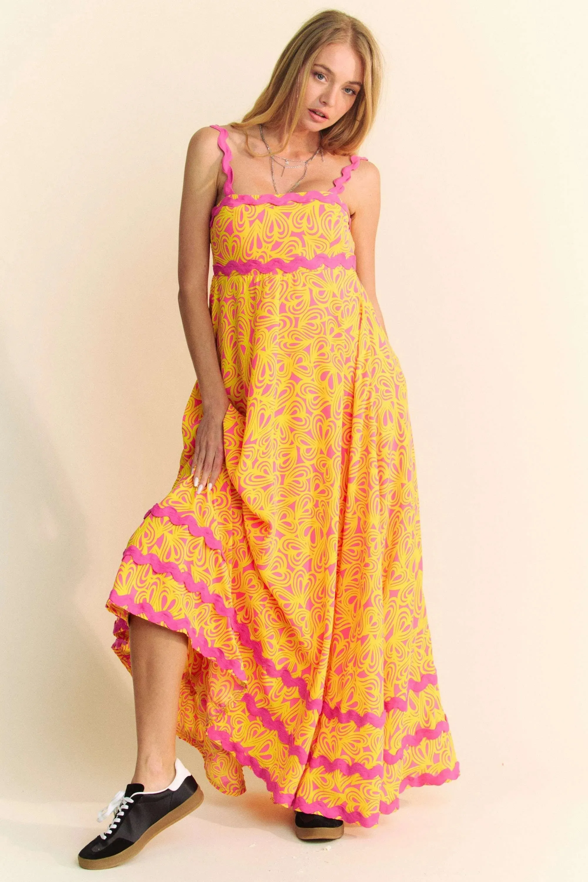 Davi & Dani Geo 2 Tone Printed Wavi Trim Tiered Maxi Dress sold by Charming Charlie