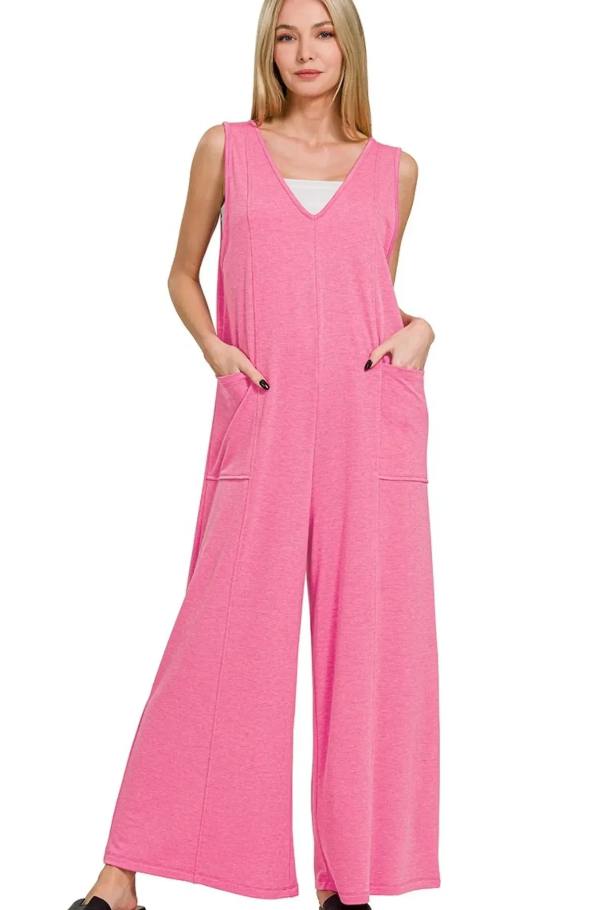 Zenana French Terry Deep V Neck Jumpsuits sold by Charming Charlie