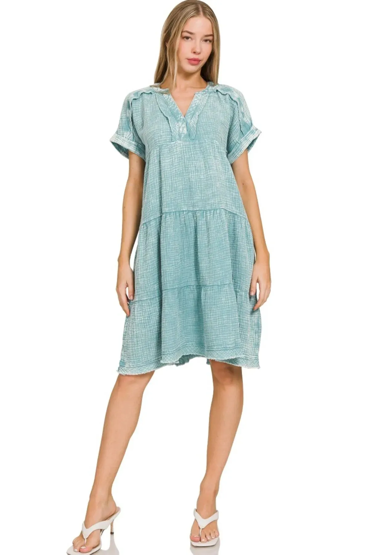 Zenana Washed Double Gauze Raw Edge V-neck Dress sold by Charming Charlie product image thumbnail 3