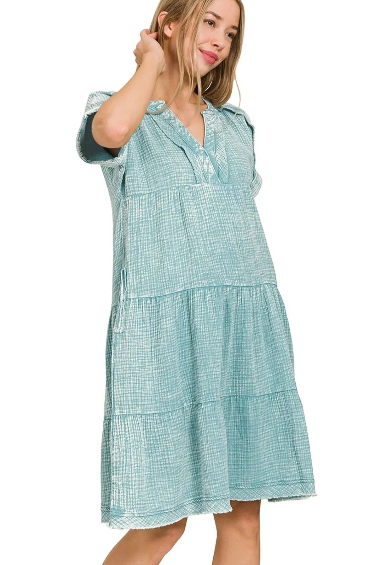 Zenana Washed Double Gauze Raw Edge V-neck Dress sold by Charming Charlie product image thumbnail 2