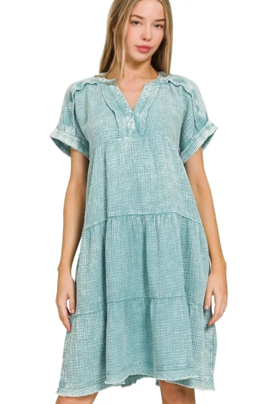 Zenana Washed Double Gauze Raw Edge V-neck Dress sold by Charming Charlie