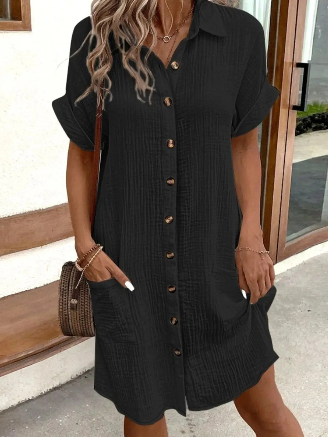 Casual Button Down Cotton Shirt Dress with Pockets sold by Charming Charlie product image thumbnail 5