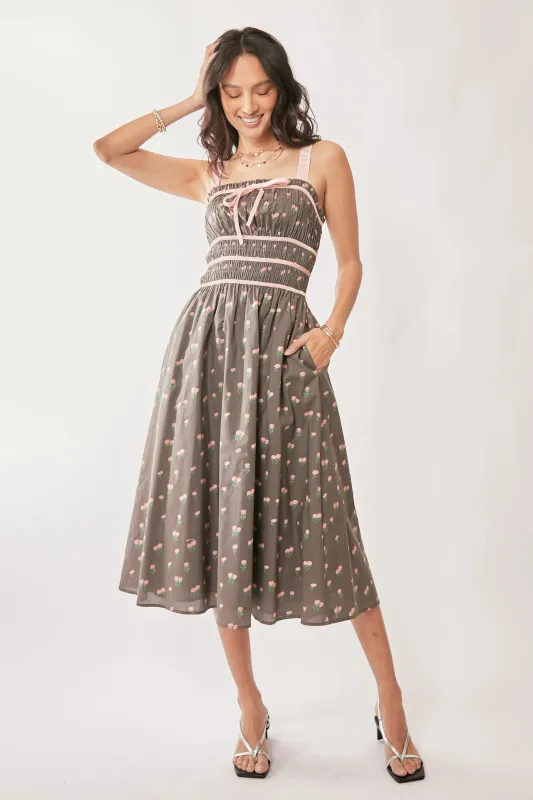 Davi & Dani Contrast Velvet Tape Smocking Bodice Midi Dress sold by Charming Charlie