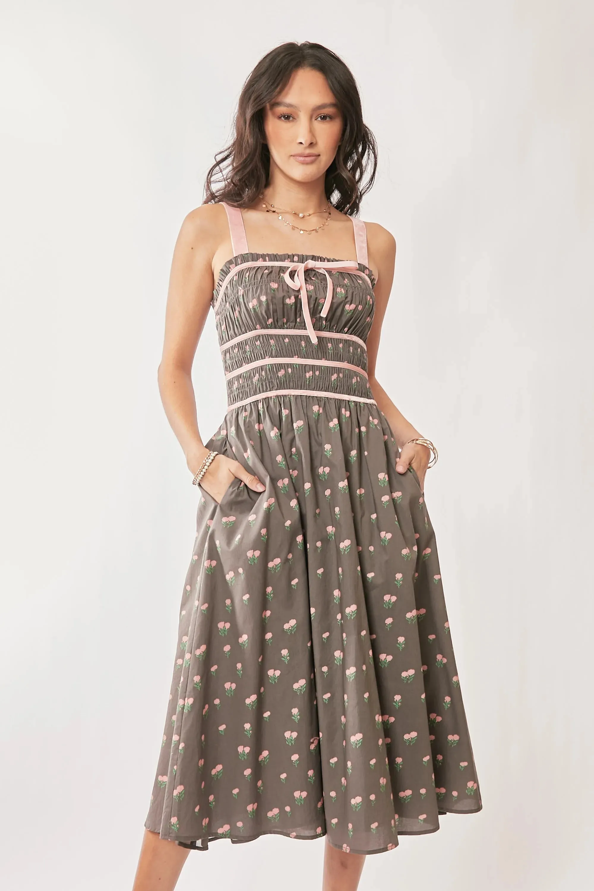 Davi & Dani Contrast Velvet Tape Smocking Bodice Midi Dress sold by Charming Charlie product image thumbnail 5