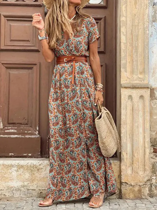Full Size Printed V-Neck Short Sleeve Maxi Dress Plus Size sold by Charming Charlie