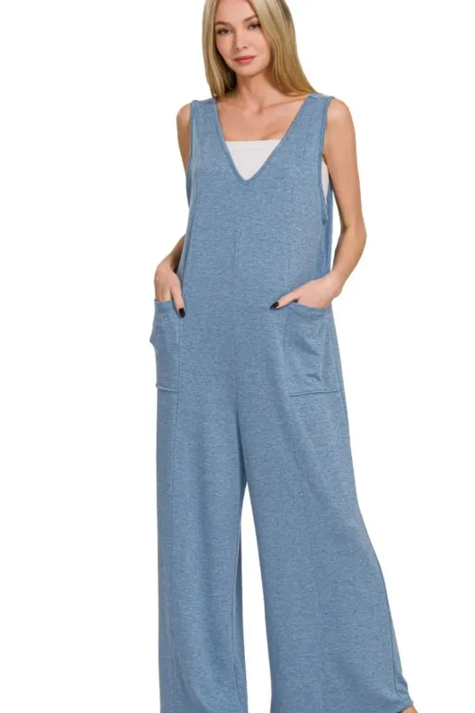 Zenana French Terry Deep V Neck Jumpsuits sold by Charming Charlie