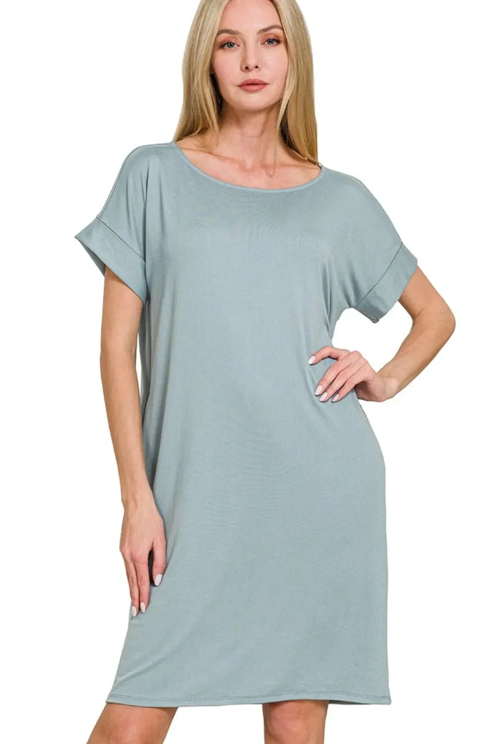 Zenana Rolled Short Sleeve Round Neck Dress sold by Charming Charlie