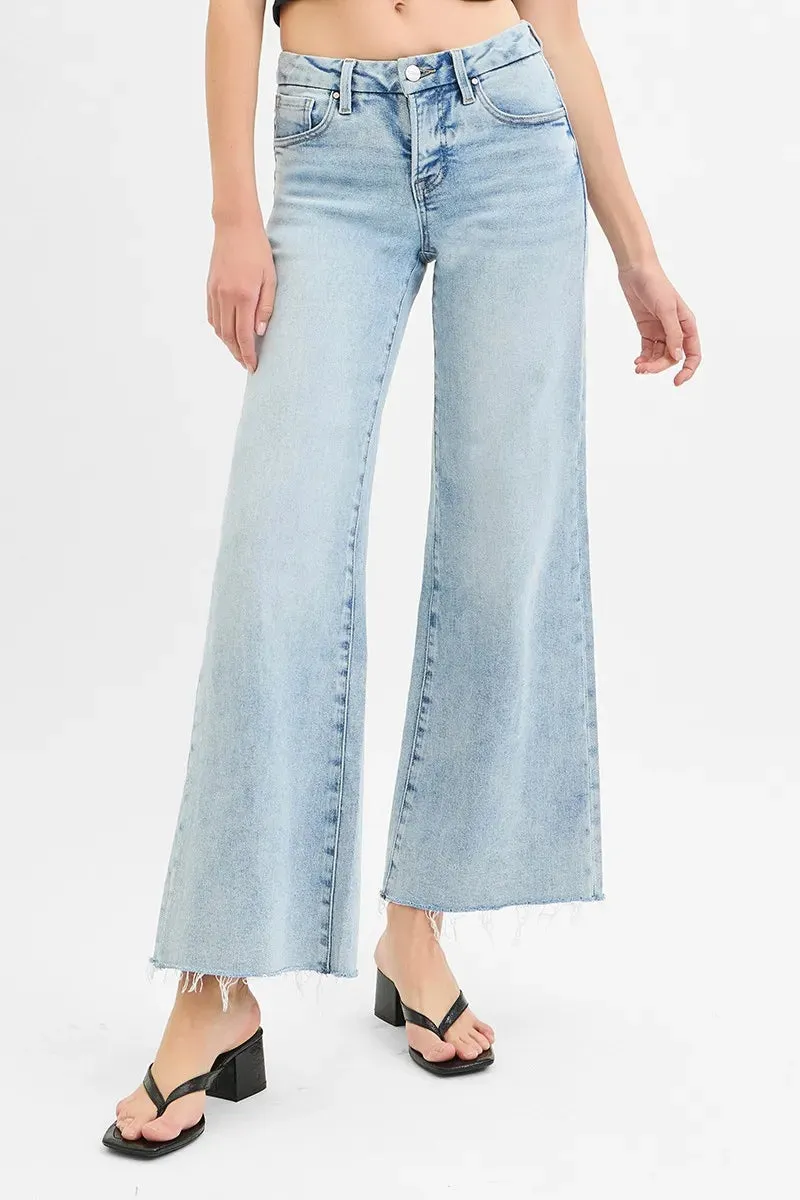 RISEN Full Size Tummy Control Low Rise Wide Leg Raw Cut Hem Jeans Plus Size sold by Charming Charlie