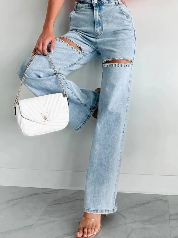 Ripped Wide Leg Wash Denim Jeans sold by Charming Charlie
