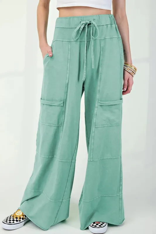 Mineral Wash Exposed Seam Drawstring High Waist Wide Leg Cargo Pants sold by Charming Charlie