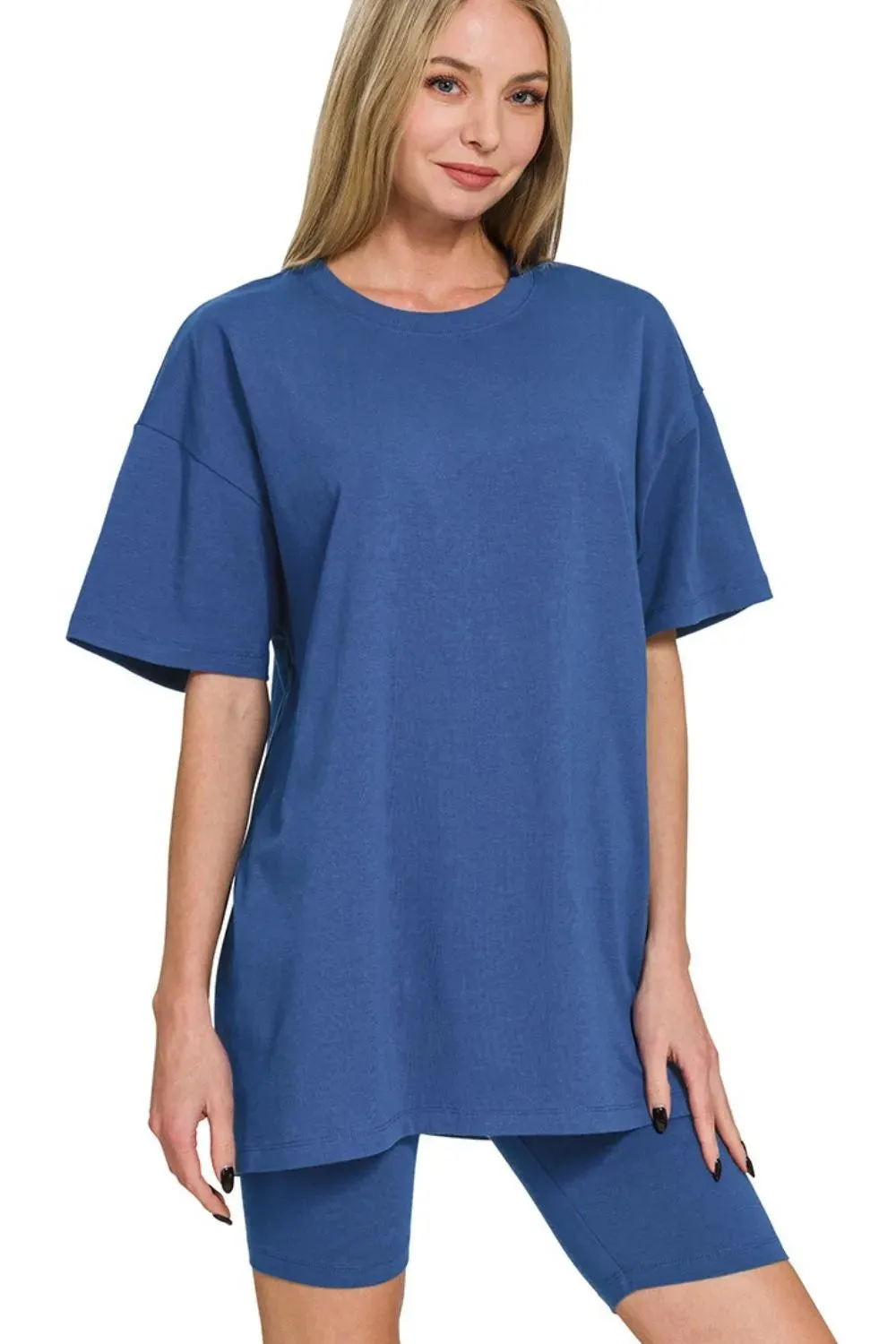 Zenana Cotton Round Neck Top & Biker Shorts sold by Charming Charlie