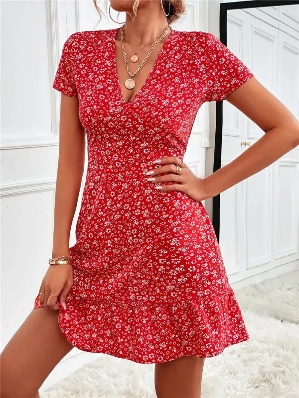Printed Ruffled Hem V-Neck Short Sleeve Mini Dress sold by Charming Charlie