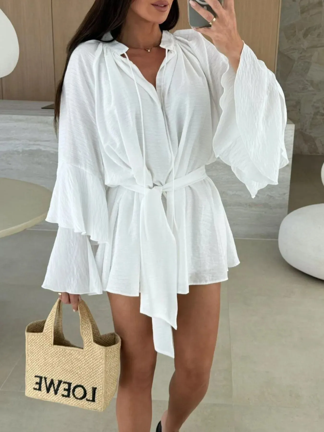 Bell Sleeve Tie Waist Mini Shirt Dress sold by Charming Charlie