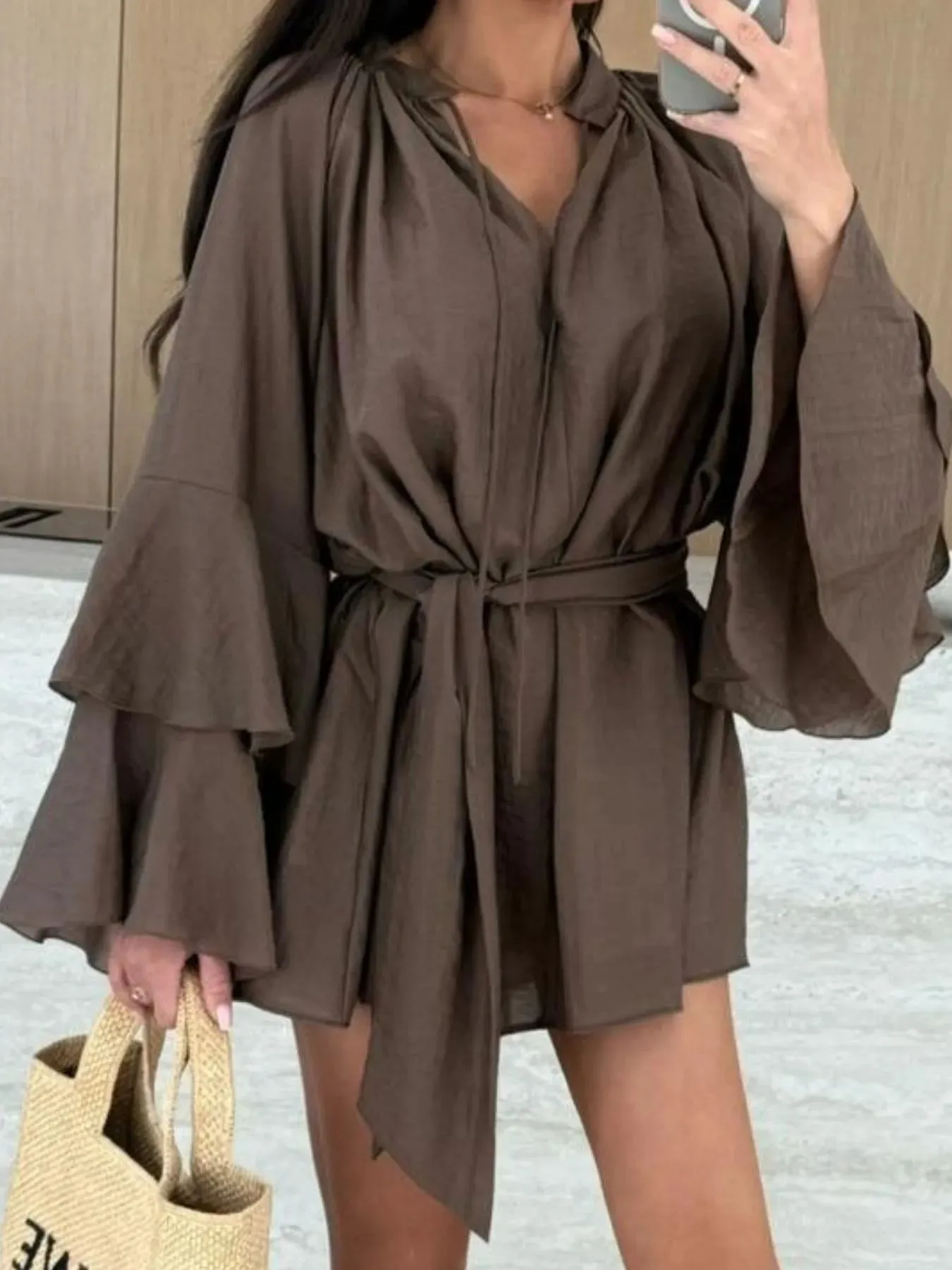 Bell Sleeve Tie Waist Mini Shirt Dress sold by Charming Charlie product image thumbnail 5