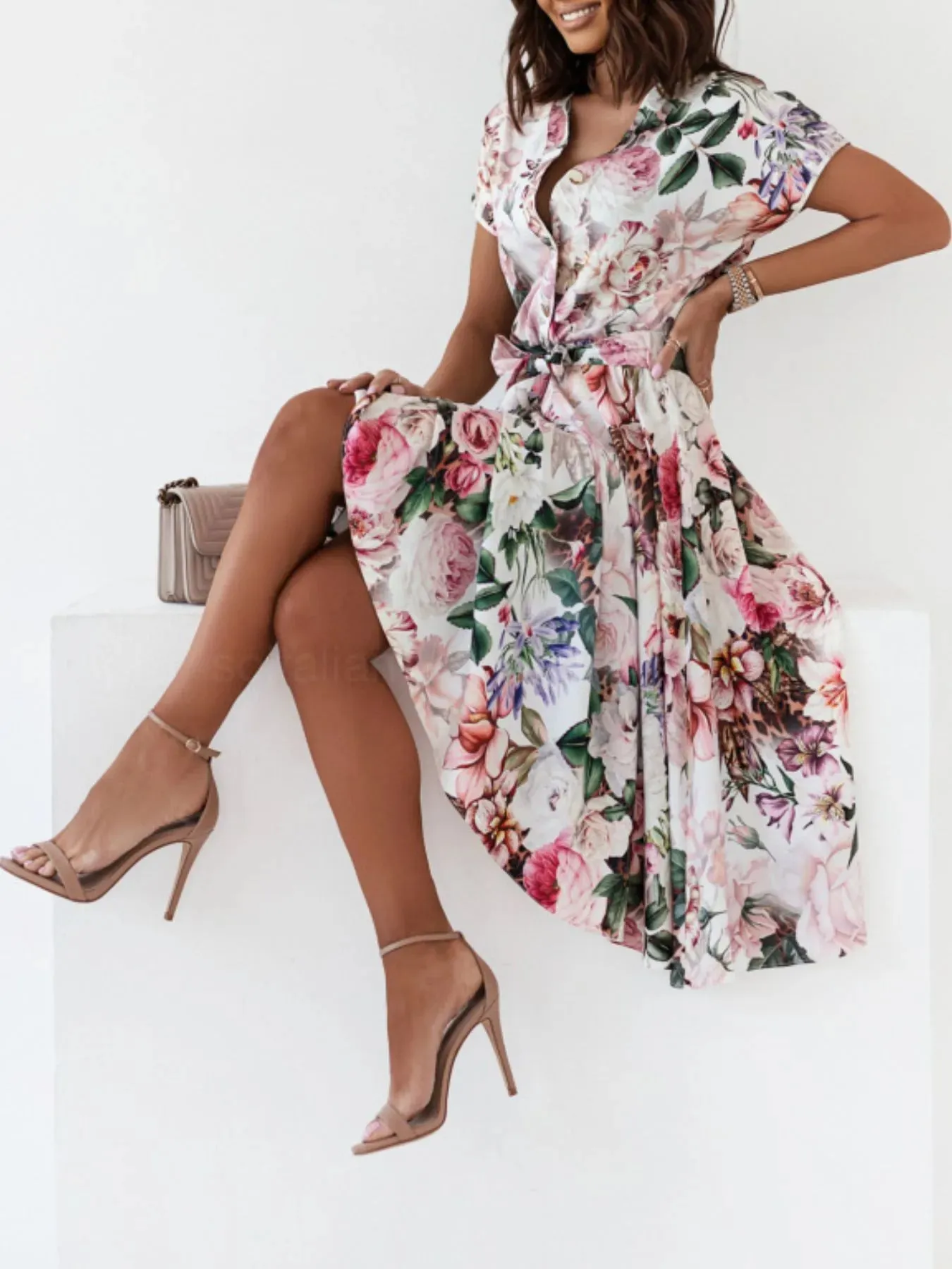 Floral Short Sleeve Midi Dress sold by Charming Charlie