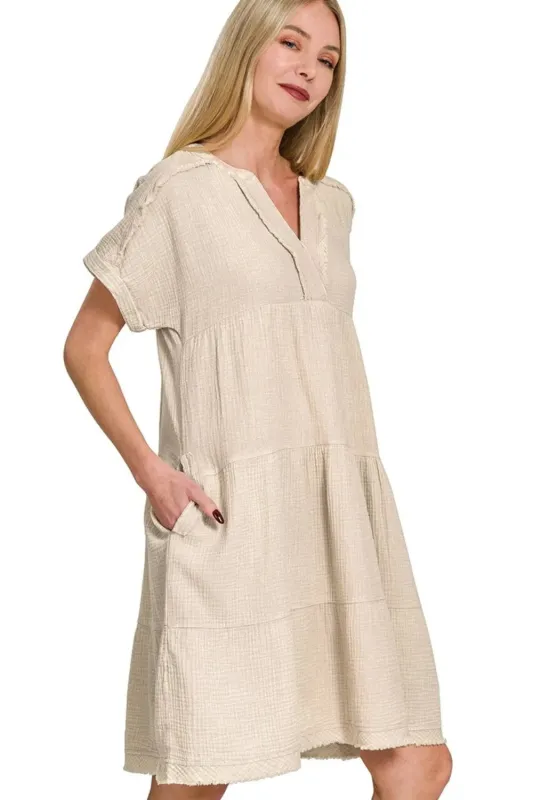 Zenana Washed Double Gauze Raw Edge V-neck Dress sold by Charming Charlie