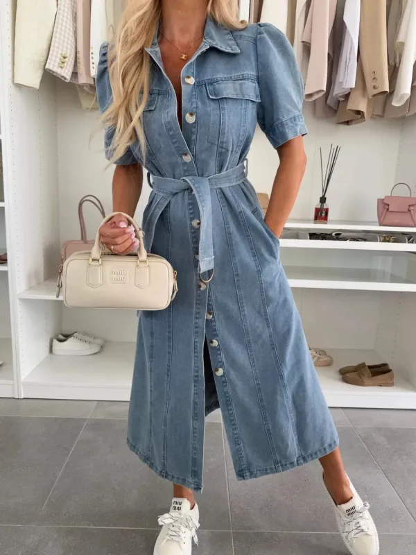 Puff Sleeve Button Down Belted Denim Midi Dress sold by Charming Charlie