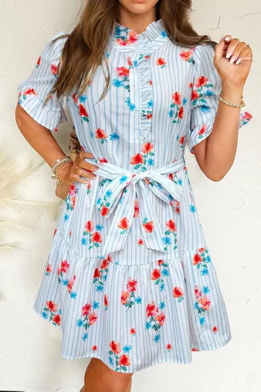 Stripe Floral Pattern Ruffle Short Sleeve Belted Mini Dress sold by Charming Charlie