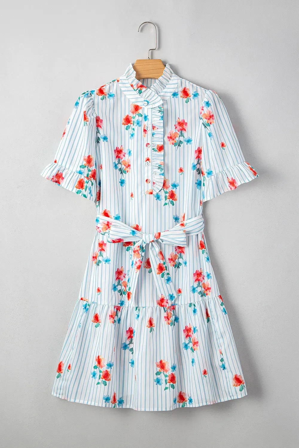Stripe Floral Pattern Ruffle Short Sleeve Belted Mini Dress sold by Charming Charlie product image thumbnail 5