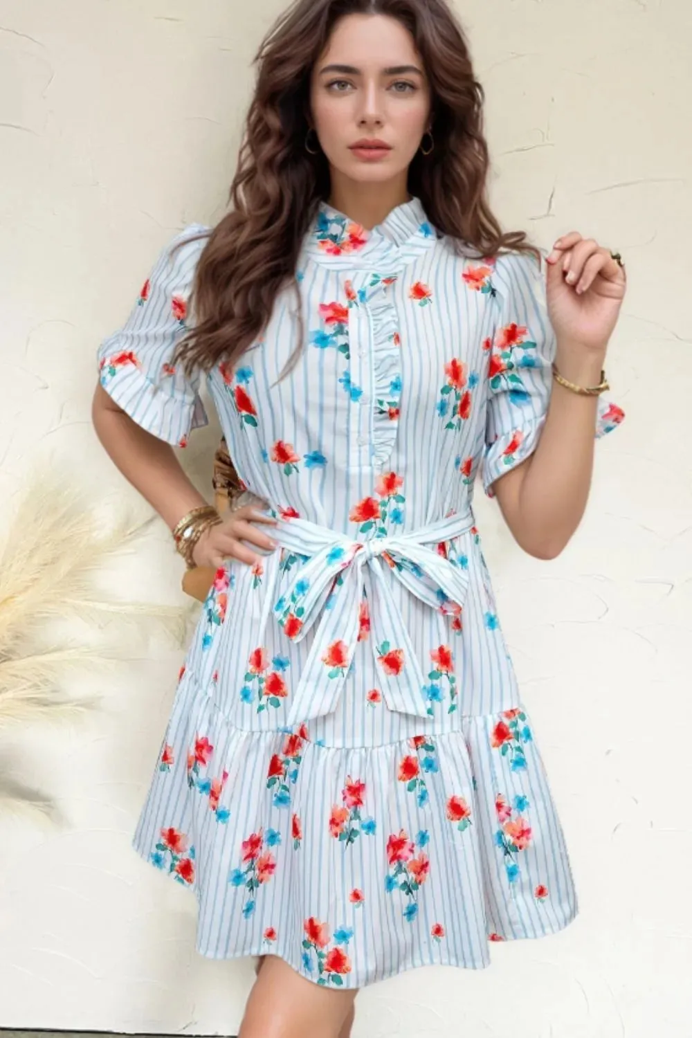 Stripe Floral Pattern Ruffle Short Sleeve Belted Mini Dress sold by Charming Charlie product image thumbnail 2