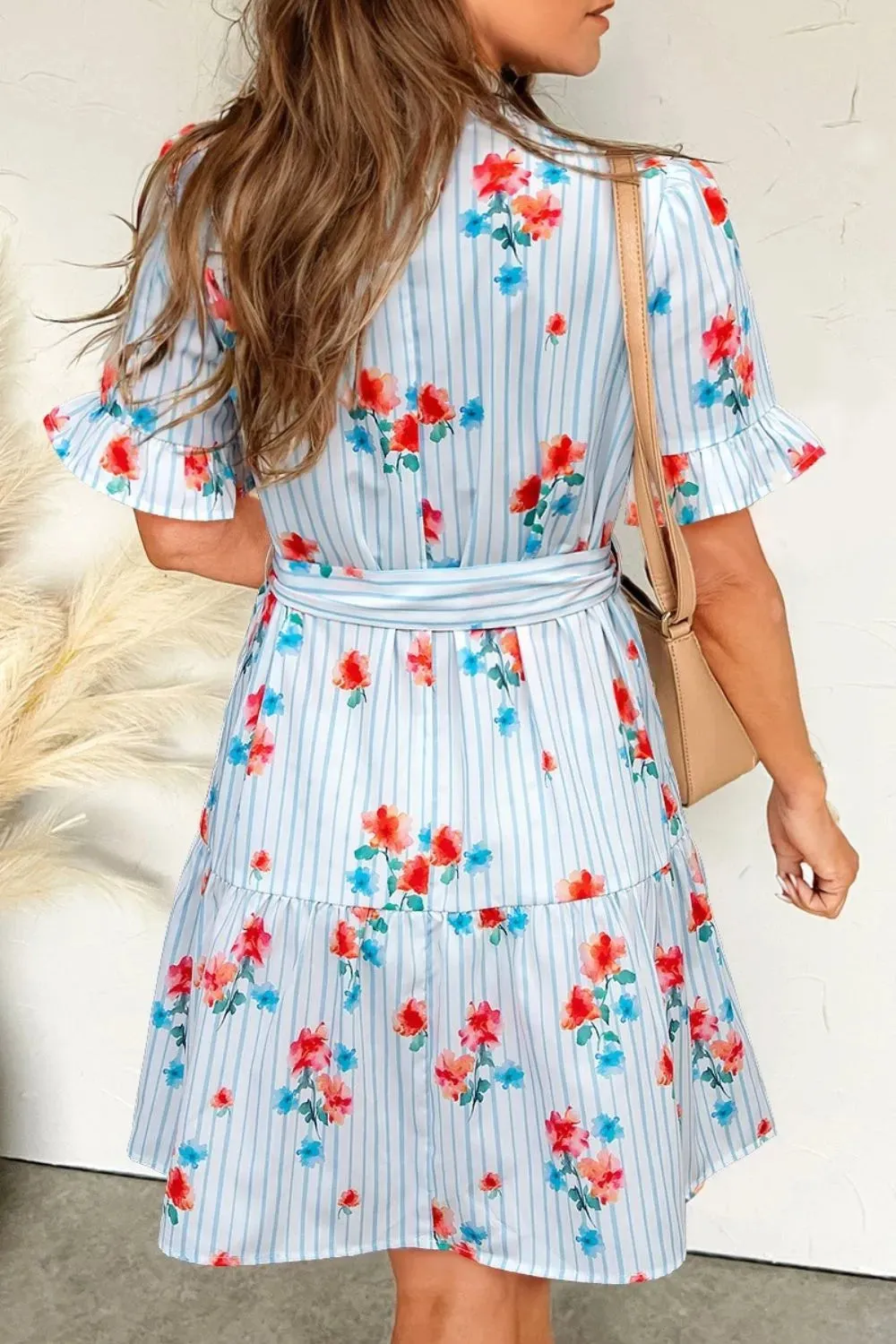 Stripe Floral Pattern Ruffle Short Sleeve Belted Mini Dress sold by Charming Charlie product image thumbnail 3